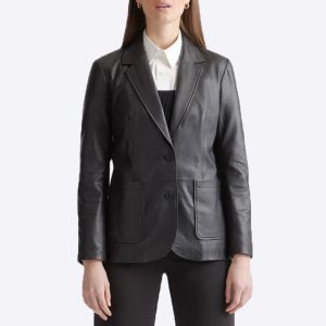 9 Black Two Button Leather Blazer Womens